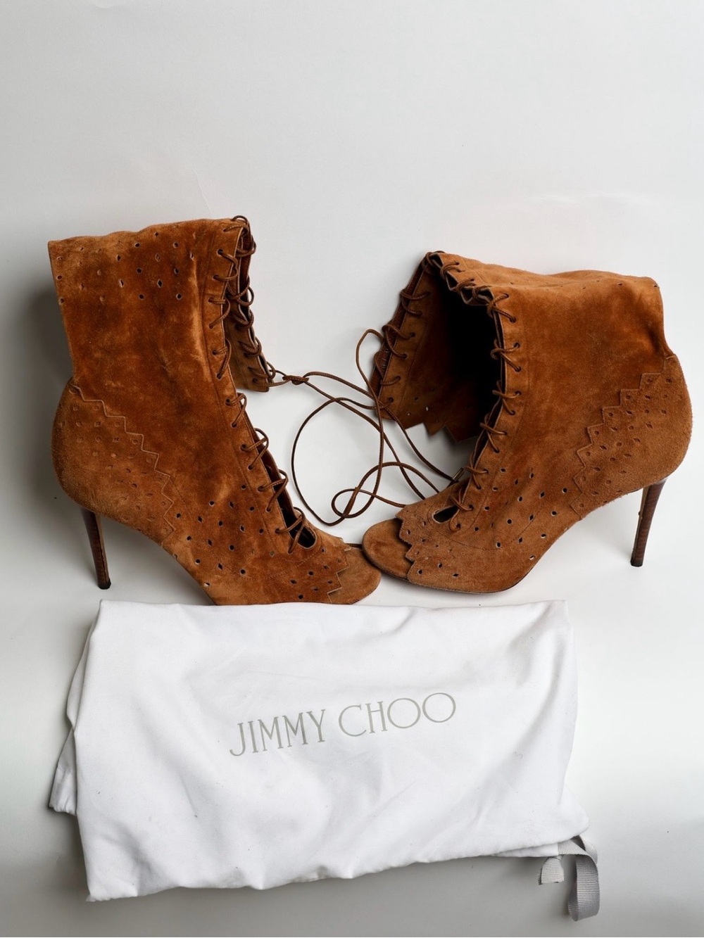 Jimmy Choo Tan Suede Lace-Up Peep-Toe Boots - Picture 2 of 5